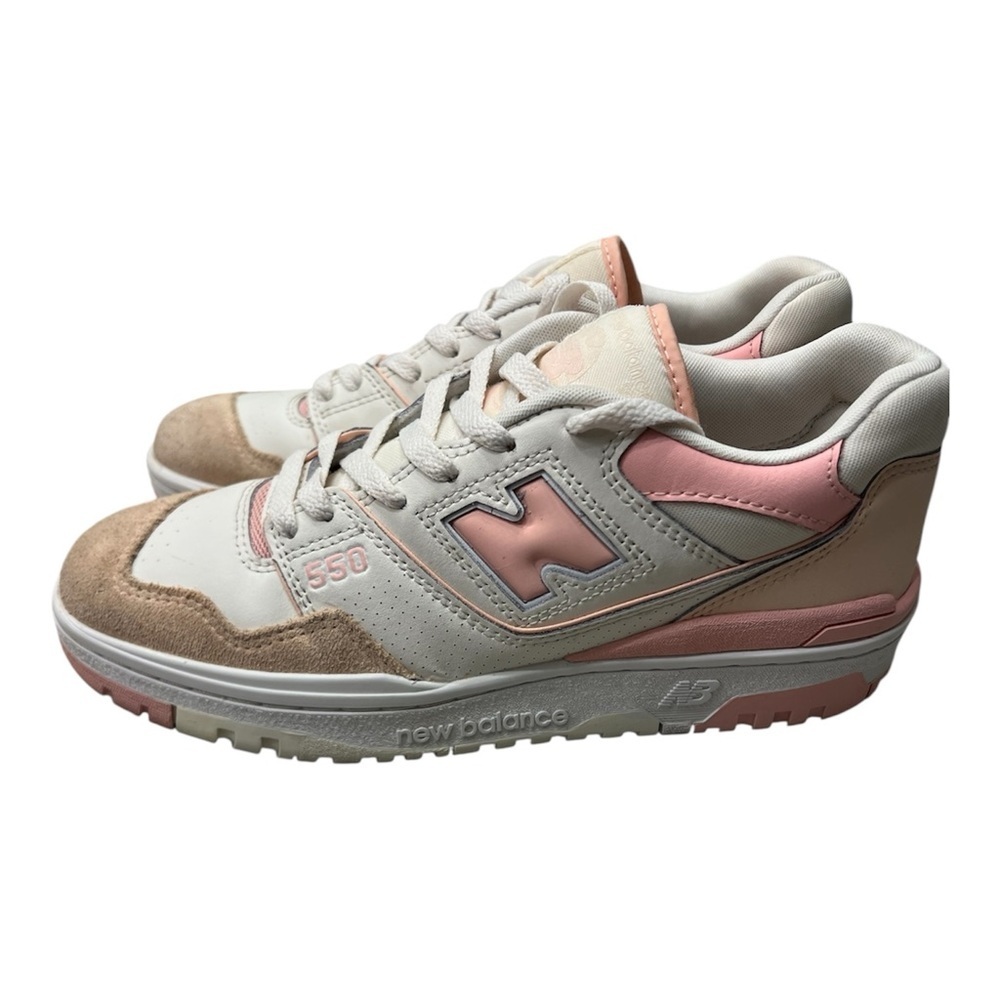 New Balance 550 sneakers in Sea Salt, Pink, and Beige. Stylish retro basketball